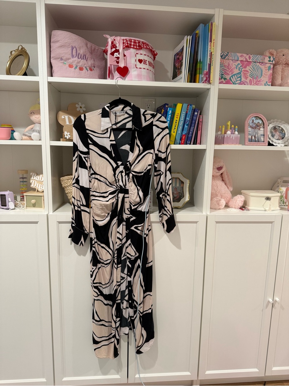 Zara Black and Cream Abstract Print Long Sleeve Midi Dress